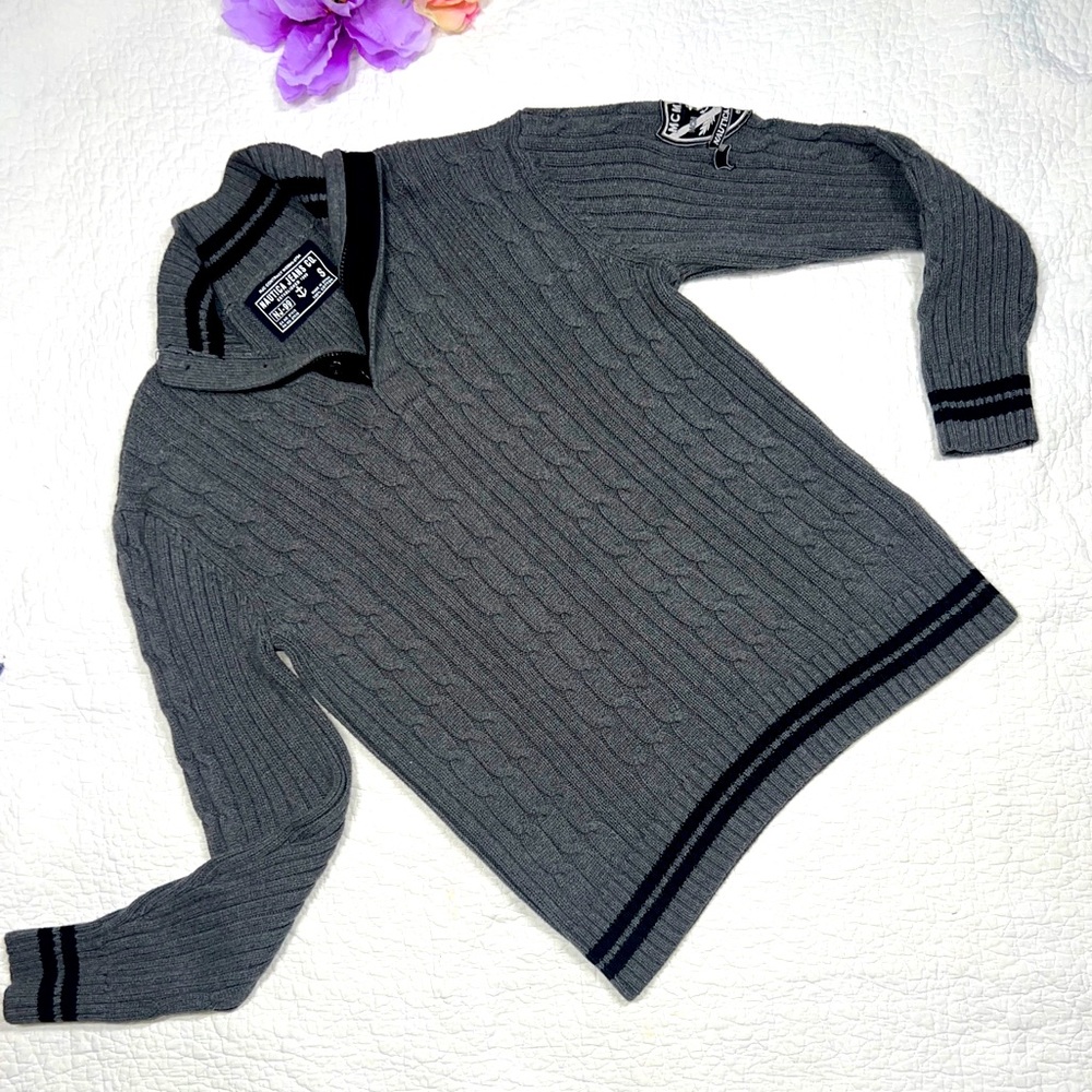 Nautica Jeans Co. Men's Gray Pullover 1/4 Zipper Cable Knit Sweater; S